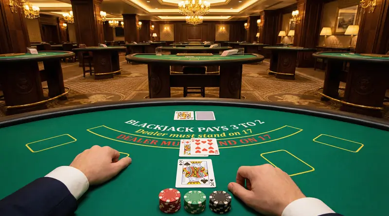 Mesa de blackjack desde perspectiva del jugador en Juegos de Casino